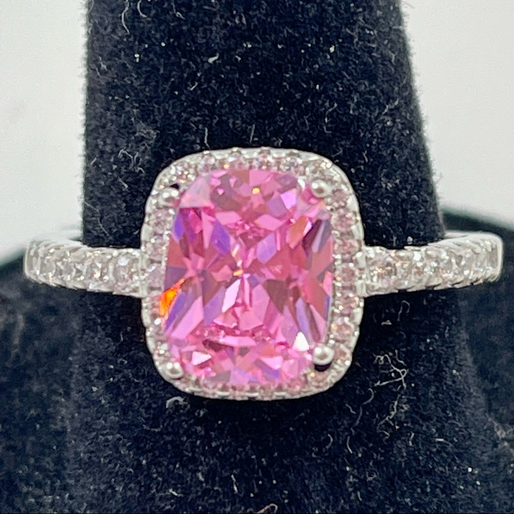 PLATINUM PLATED SS 925 2CT ROUND CUT PINK SAPPHIRE W/CZ DIAMONDS RING
